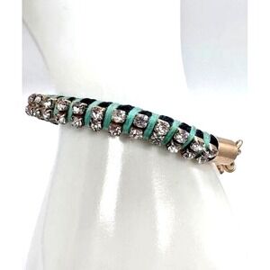 J.Crew Bracelet Womens Crystal Rhinestone Mint Cord Green Gold Tone Chain Toggle